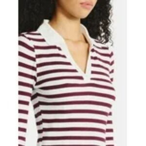 Preppy Y2K VIBE Johnny Collar Long Sleeve Tee Large Dark Cherry White Stripe NWT